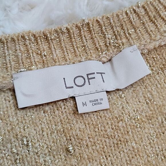 LOFT Tan & Gold Glitter Metallic Flecked V- Neck Ribbed Sweater - Picture 5 of 8